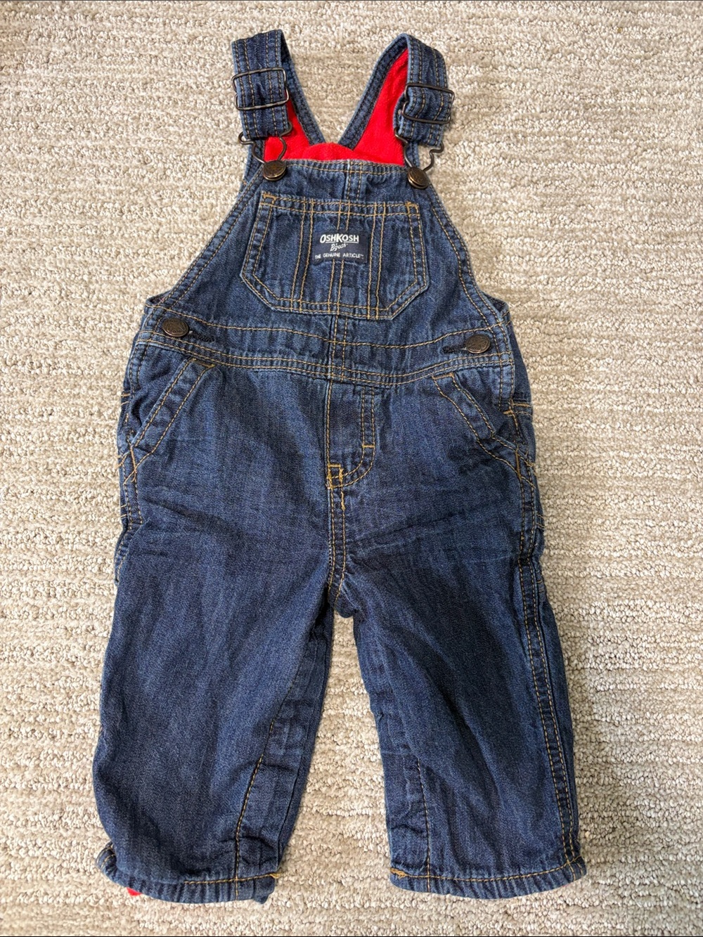 OshKosh B'gosh Dark Blue Denim Overalls with Red Fleece Lining